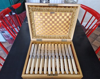 Amazing Vintage Wooden Canteen of Faux Bone Handled Cutlery -  24 Pieces