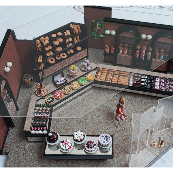 Decorative miniature of a Vintage Bakery and Pastry in plexiglass, featherboard and fimo paste