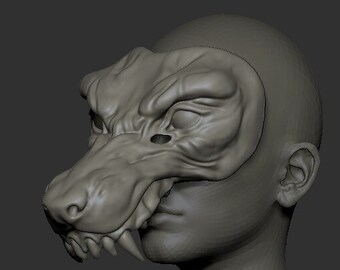 May include: A gray 3D printed mask of a wolf's head with sharp teeth and a detailed snout.