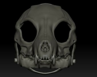 May include: A 3D printed model of a dog skull with a detailed jaw and teeth. The skull is gray and has a realistic texture.