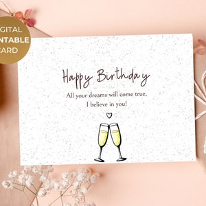 Cartão de feliz aniversário para impressão, champanhe e glitter, impressão digital elegante, cartão comemorativo em casa com texto/desejo, download instantâneo