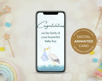 Digital Animated Newborn Baby Boy Birth Greeting with Stork Mobile Card, Electronic Video E-Card