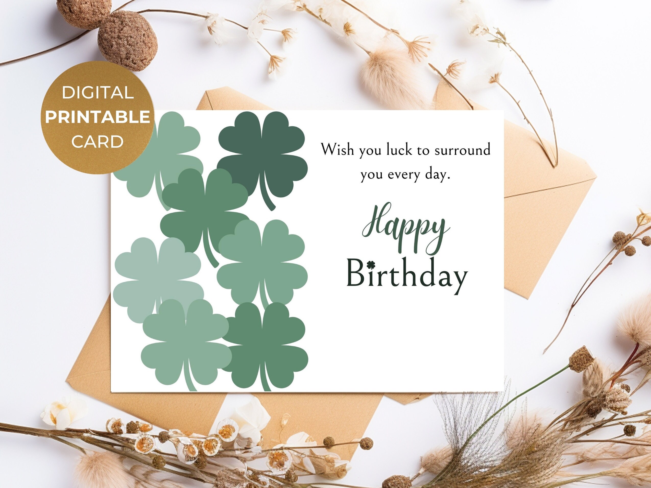 Printable Happy Birthday Card Clover Luck, Digital Printable