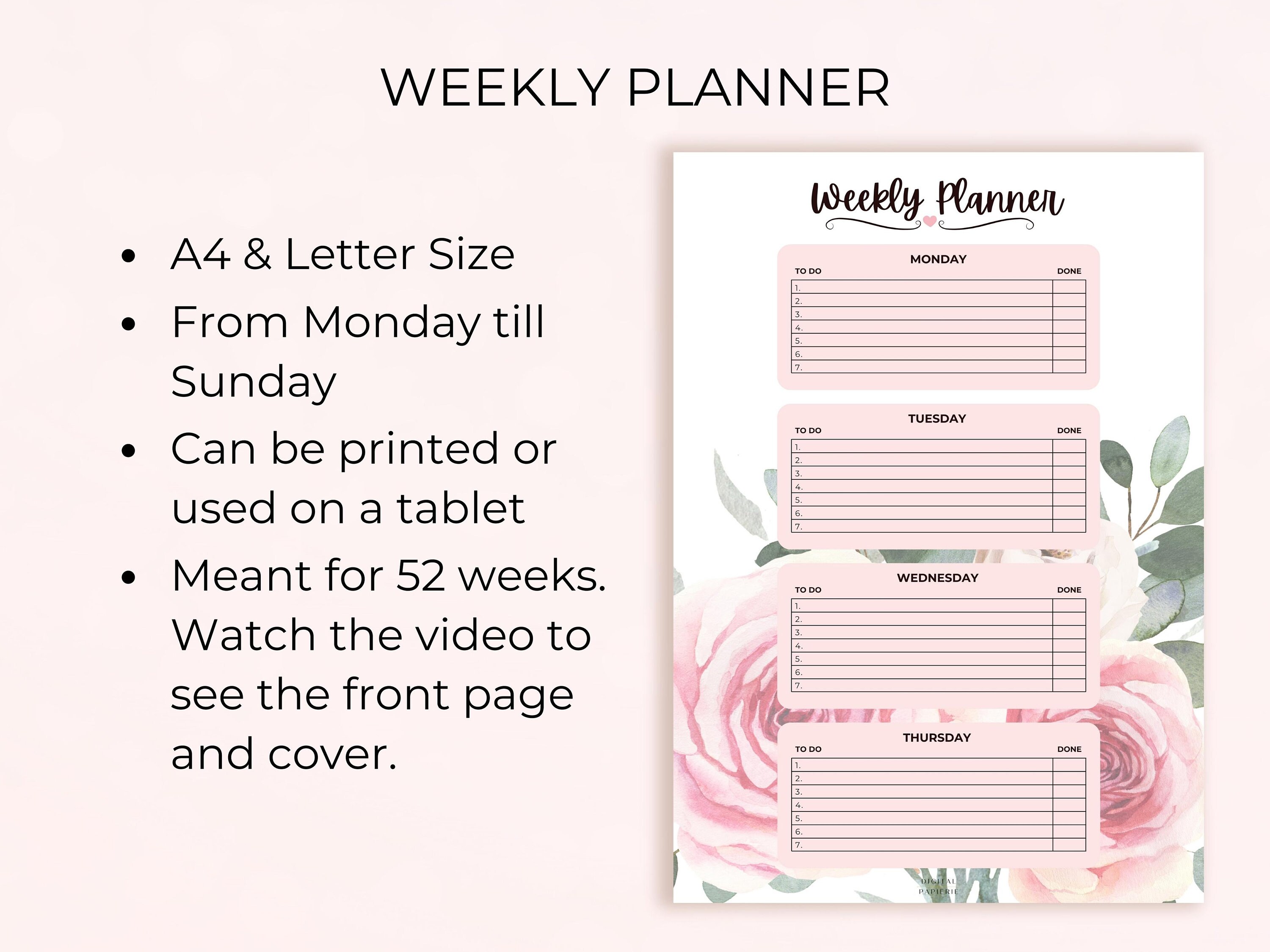 Roses Bouquet Weekly A4 & Letter Size Schedule/ Task/ to Do Digital ...