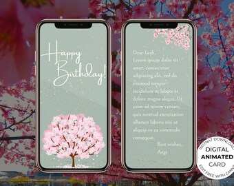Digital Animated Birthday Editable Text Mobile Beautiful Cherry Sakura Card Template, Electronic Video E-Card, Greeting E-Card Video