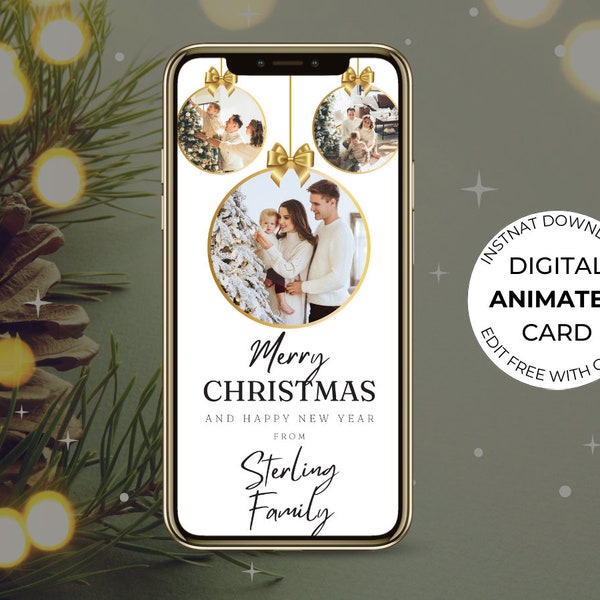 Digital Animated Merry Christmas Party Card, Electronic Video E-Card, Holiday Xmas, Editable Text Mobile Template
