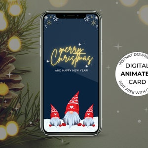 デジタルアニメーションのメリークリスマスネオンダンシングノームカード、電子ビデオEカード、ホリデークリスマス、編集可能なテキストモバイルテンプレート