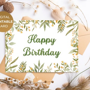 Cartão de feliz aniversário para impressão, jardim floral, flores silvestres digitais, impressão elegante em casa, download instantâneo