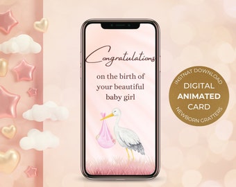 Digital Animated Newborn Baby Girl Birth Greeting with Stork Mobile Card, Electronic Video E-Card