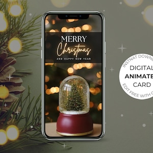 デジタルアニメーションのメリークリスマススノーグローブガーランドカード、電子ビデオEカード、ホリデークリスマス、編集可能なテキストモバイルテンプレート