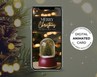 Carte guirlande boule à neige joyeux Noël animée numérique, carte électronique vidéo électronique, Noël vacances, modèle mobile avec texte modifiable