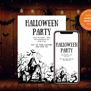 Digital Halloween Mobile & Printable Editable Invitation Template, Costume Party Invite, Instant Download, Spooky Season Haunted Ghost House