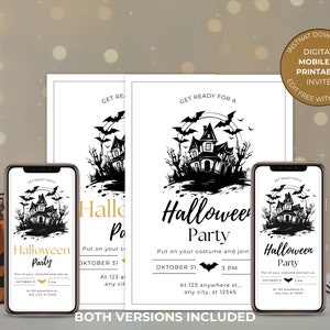 Digital Halloween Mobile & Printable Editable Invitation Template, Adult Costume Party Invite, Instant Download, Spooky Season Ghost House