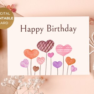 Afdrukbare Happy Birthday Card hart bloemen, digitale bloemen harten afdrukbare elegante print thuis wenskaart, Instant Download