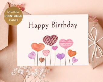 Carte de joyeux anniversaire imprimable coeur fleurs, coeurs floraux numériques imprimable impression élégante à la maison carte de voeux, téléchargement immédiat