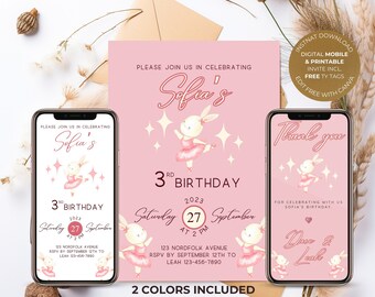 Digital Mobile Bunny Ballerina Birthday Invitation, Girl Ballerina Party, Pink Bunny Birthday Invite, First Second Birthday, Kids Evite