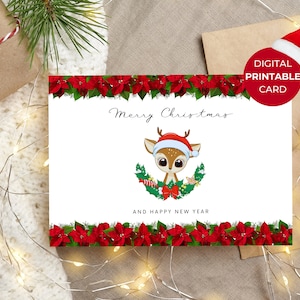 Joyeux Noël numérique imprimable bébé cerf floral, élégant Noël Bamby impression à la maison carte de voeux, téléchargement immédiat, vacances