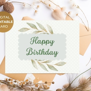 Afdrukbare Happy Birthday Card groene bladgouden, digitale afdrukbare elegante print thuis wenskaart, Instant Download