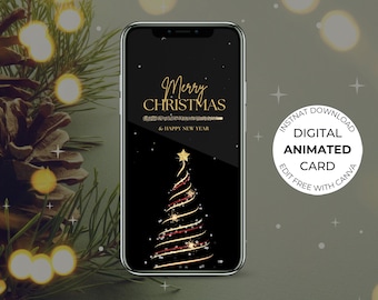 Biglietto animato digitale con glitter Merry Christmas Sparkle, cartolina elettronica video elettronica, festività natalizie, modello mobile con testo modificabile, albero di Natale