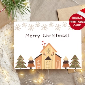 Digital druckbare Boho Verschneite Weihnachtshaus, Xmas Print at Home Grußkarte, Sofortiger Download, Elegante Frohe Weihnachtszeit, Urlaub