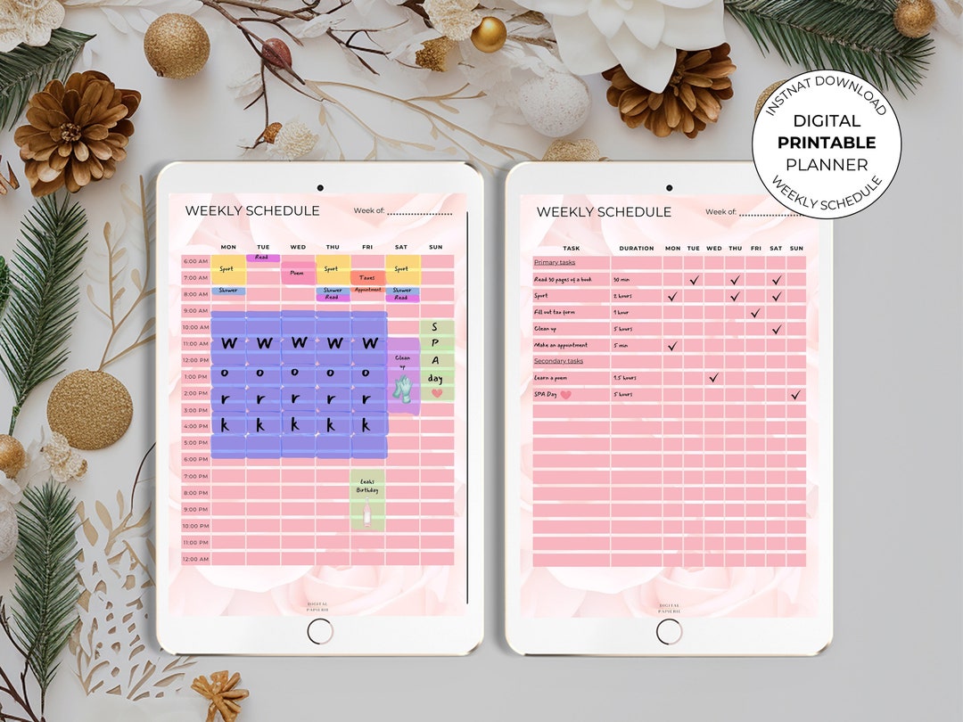 Roses Pink Hourly Weekly A4 & Letter Size Schedule and Task/ to Do ...