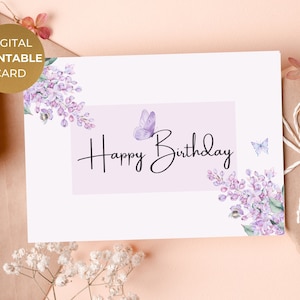 Carte de joyeux anniversaire imprimable Papillon Lilas, Floral Digital Printable Elegant Print at Home Greeting Card, Téléchargement instantané