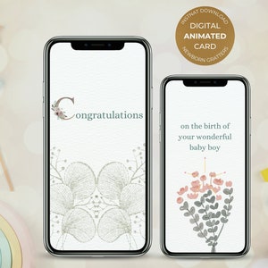 Digital Animated Newborn Baby Boy Birth Greeting Floral Mobile Card, Electronic Video E-Card