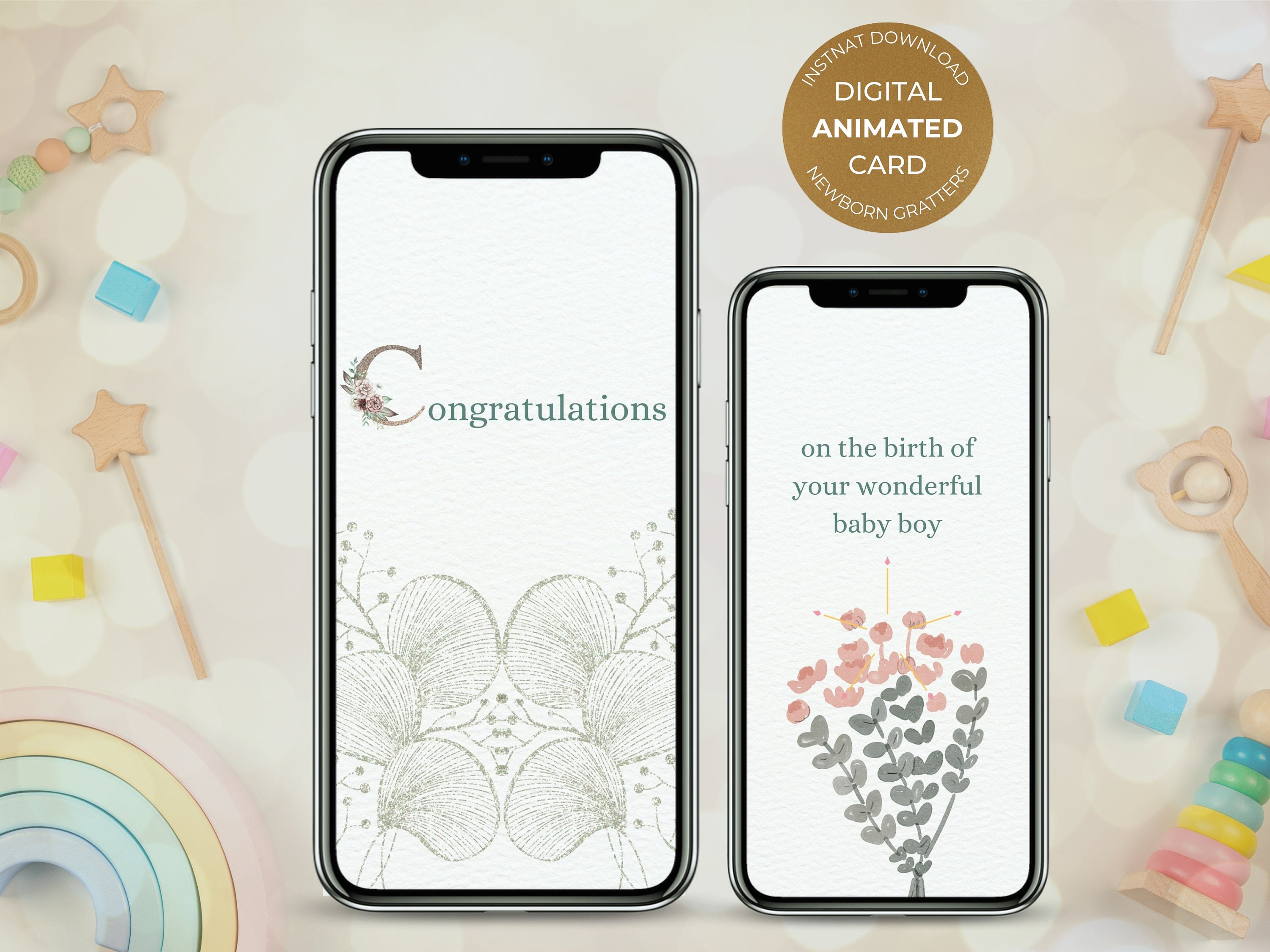 Digital Animated Newborn Baby Boy Birth Greeting Floral Mobile Card, Electronic Video E-Card
