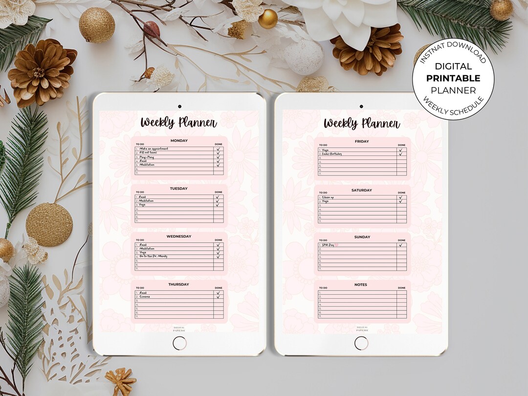 Pink With Flowers Weekly A4 & Letter Size Schedule/ Task/ to Do Digital ...
