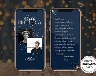 Digital Animated Birthday Editable Text Mobile Card Template, Electronic Video E-Card, Greeting E-Card Video personalized & customisable
