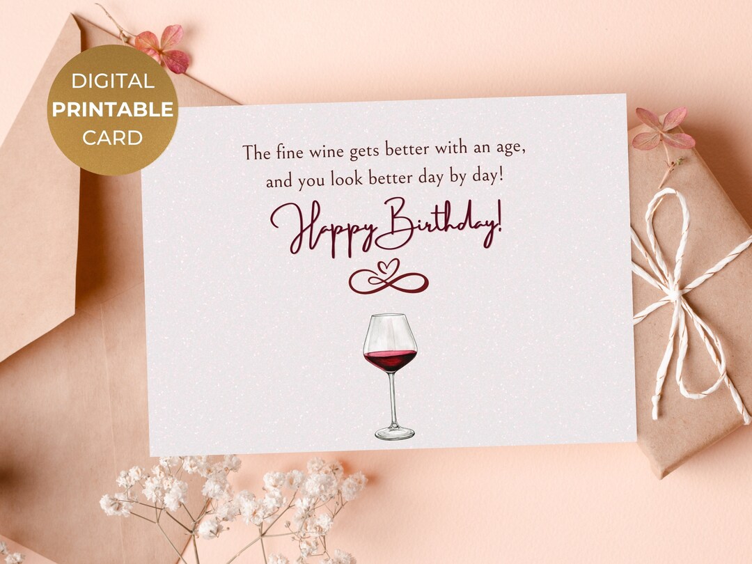 Printable Happy Birthday Card Wine Age, Digital Funny Text Printable ...