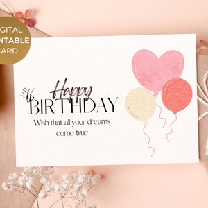 Tarjeta de feliz cumpleaños imprimible con globos, impresión elegante imprimible digital en casa tarjeta de felicitación con deseo, descarga instantánea
