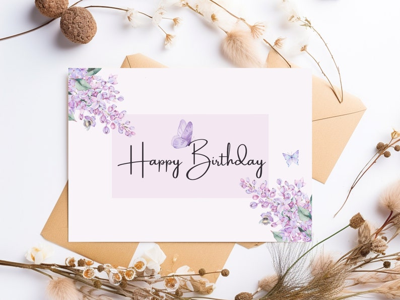 Printable Happy Birthday Card Butterfly Lilac, Floral Digital Printable ...