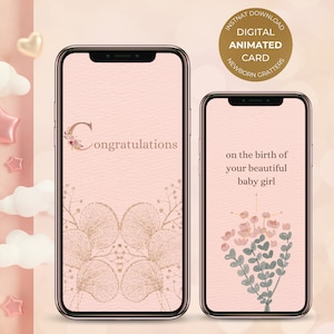 Digital Animated Newborn Baby Girl Birth Greeting Floral Mobile Card, Electronic Video E-Card