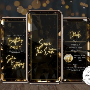 Digital Save the Date Birthday Invitation, Adult Birthday, Black and Gold Invitation, Editable Template, Instant Download