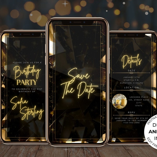 Digital Save the Date Birthday Invitation, Adult Birthday, Black and Gold Invitation, Editable Template, Instant Download