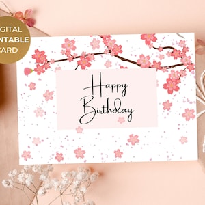 Carte imprimable joyeux anniversaire, pétales de cerisier Sakura, impression numérique florale élégante, impression à la maison, carte de voeux avec souhait, téléchargement immédiat