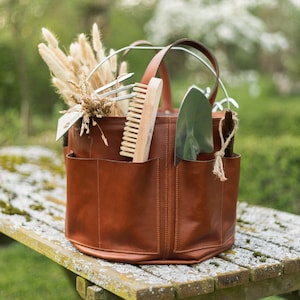 Leather Tool bucket Organizer hand tools bag for studio, garden, workshop. harvest basket for flowers, vegetables. Gift painters, cognac