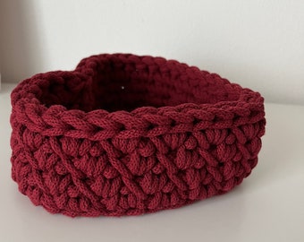 crocheted basket in heart shape with wooden base as a gift or for storage basket Utensilo bowl