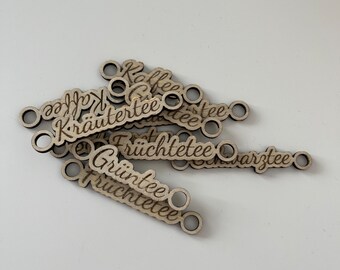laser-engraved wooden signs for types of tea or coffee, spices, etc., labels on crochet baskets, engraved wooden labels