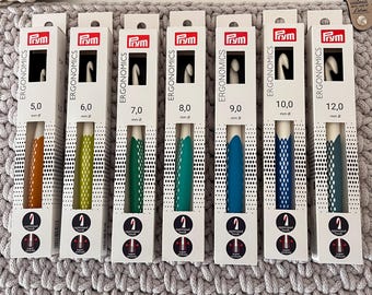 Ganchillos ergonómicos para lana de 5 mm, 6 mm, 7 mm, 8 mm, 9 mm, 10 mm y 12 mm | Ganchillo Prym con mango suave | Ergonómico, ligero y cómodo
