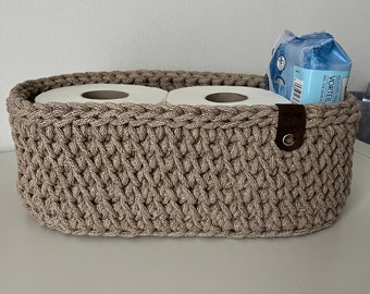 Crochet basket oval with wooden base for storage in the bathroom, kitchen, children's room or decorative utensil