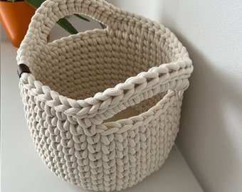 round XL crochet basket with handles and wooden base for storage or decoration crocheted