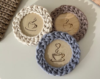 Engraved cup coaster or glass coaster round crocheted with wooden base, coasters for glasses, cups, mugs