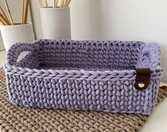 Rectangular bread basket crocheted with engraved wooden base Utensilo handmade
