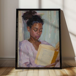 Black Woman Reading Wall Art, Black Girl Decor, Books Printable Art, Reader Art Print, African American Girl Printable, Black Woman Oil Art