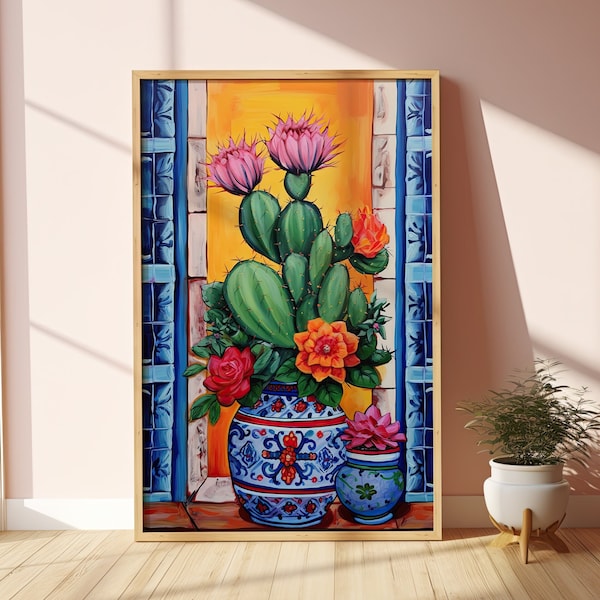 Floral Cactus Mexican Art Print, Digital Download Print, Mexico Printable Wall Art, Mexican Wall Decor, Southwest art decor