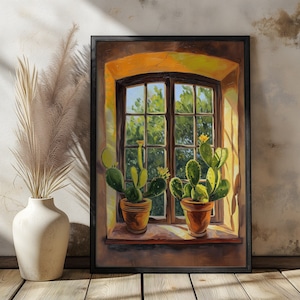 Mexican Cactus Art Print, Digital Download Print, Warm Printable Wall Art, Mexican Wall Decor, Floral Mexican Art, Mexican Oil Painting