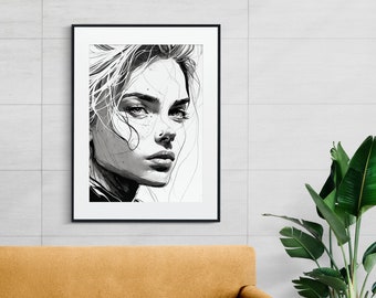 Digital Art Line Art Women Portrait #1 Digital Art Print, AI Generated, Wall Art, AI Art, Digital Download, Home Decor, Printable Active