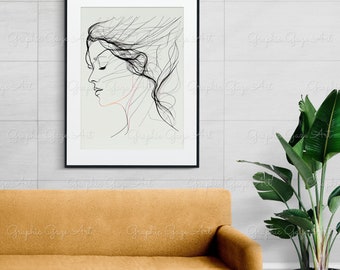 Digitale kunst lijntekeningen vrouwen portret #2 digitale kunstprint, AI gegenereerd, kunst aan de muur, AI kunst, digitale download, decor van het huis, afdrukbaar